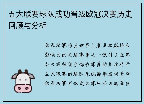 五大联赛球队成功晋级欧冠决赛历史回顾与分析
