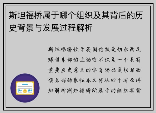 斯坦福桥属于哪个组织及其背后的历史背景与发展过程解析