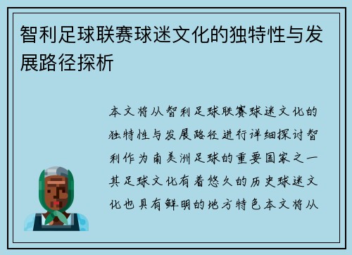 智利足球联赛球迷文化的独特性与发展路径探析
