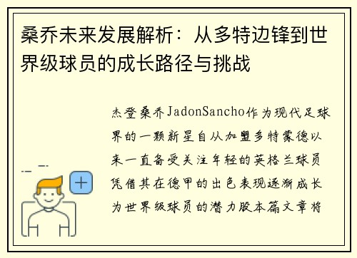 桑乔未来发展解析：从多特边锋到世界级球员的成长路径与挑战