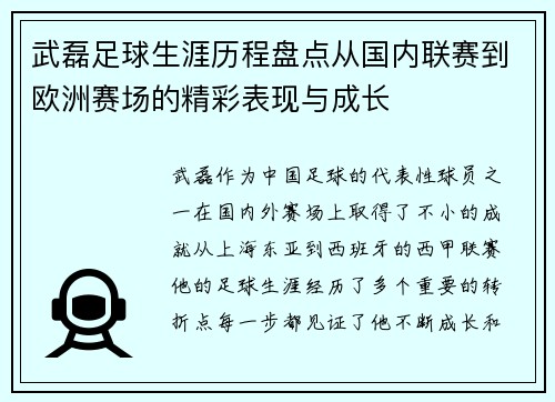 武磊足球生涯历程盘点从国内联赛到欧洲赛场的精彩表现与成长